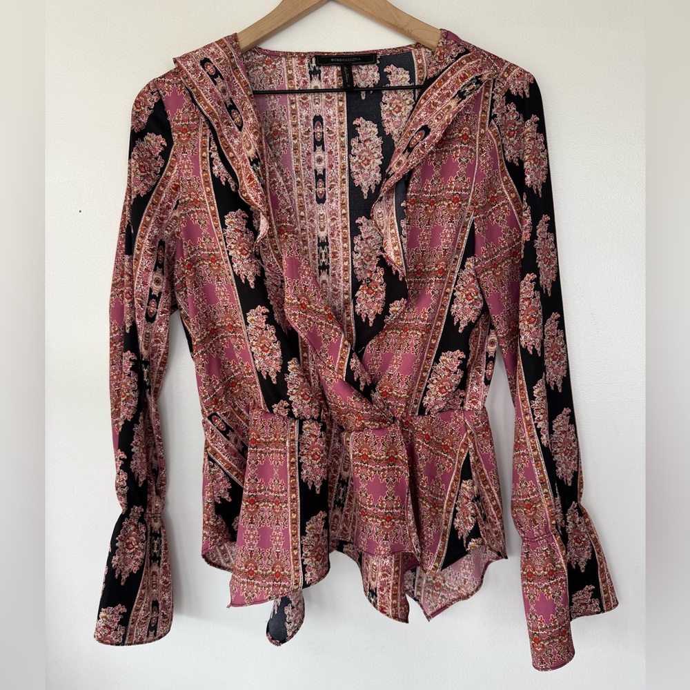 BCBGMaxAzria Pink and Black Paisley-Print Wrap Blouse